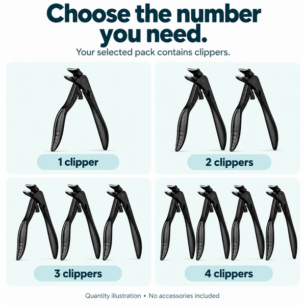 Pack-content illustration showing one, two, three and four Tough Clip clippers