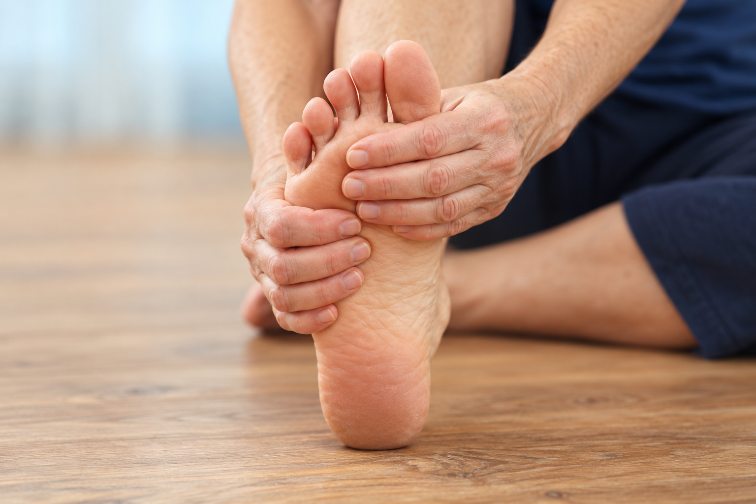 Representative editorial illustration of two hands holding an aching foot; not a customer portrait