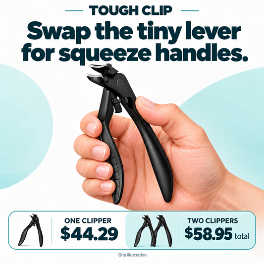 AI-generated handling illustration of one hand holding Tough Clip, with one clipper at $44.29 and two at $58.95 total.