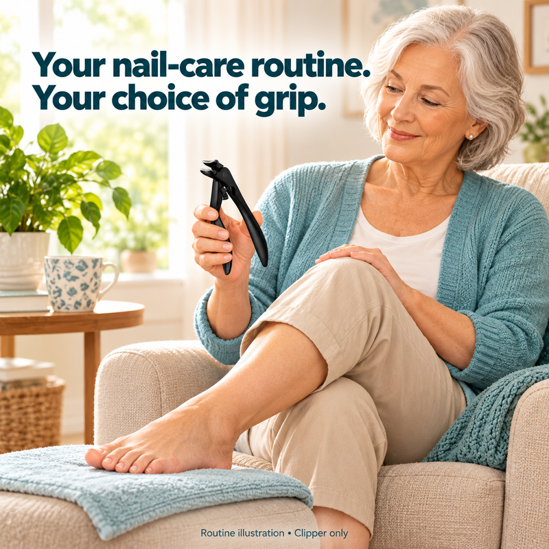 AI-generated illustration of an older woman seated with her foot on a towel-covered ottoman, holding Tough Clip in her hand.