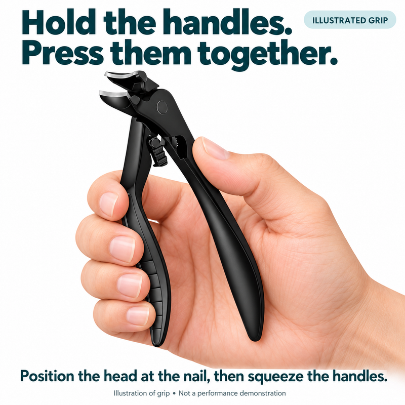 AI-generated handling illustration showing one hand holding Tough Clip by its two curved handles, with its angled jaws visible.