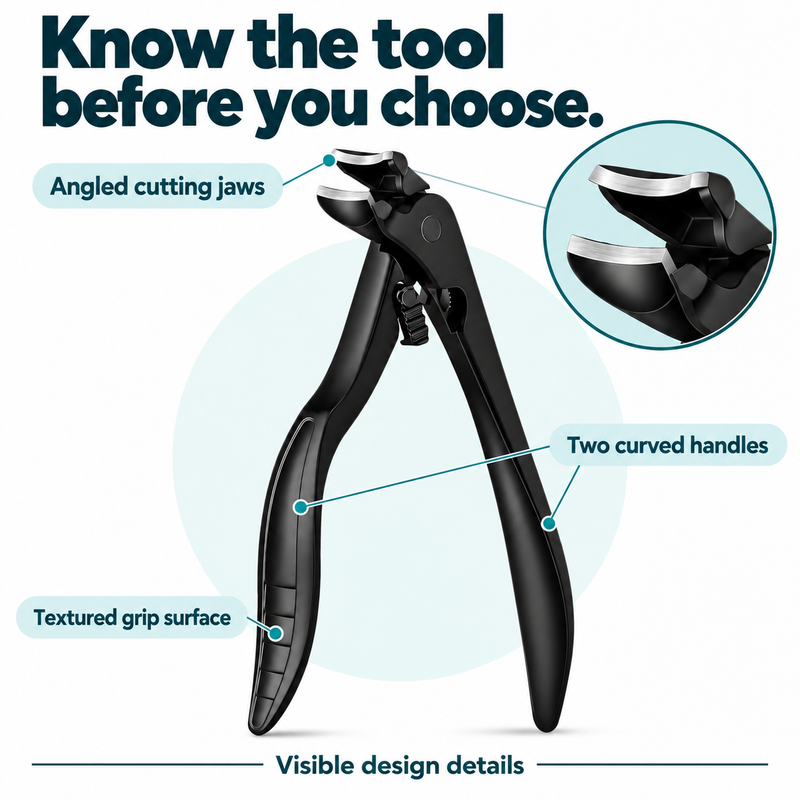 Product anatomy illustration labeling Tough Clip’s angled cutting jaws, two curved handles and visible textured grip surface, with a jaw close-up.