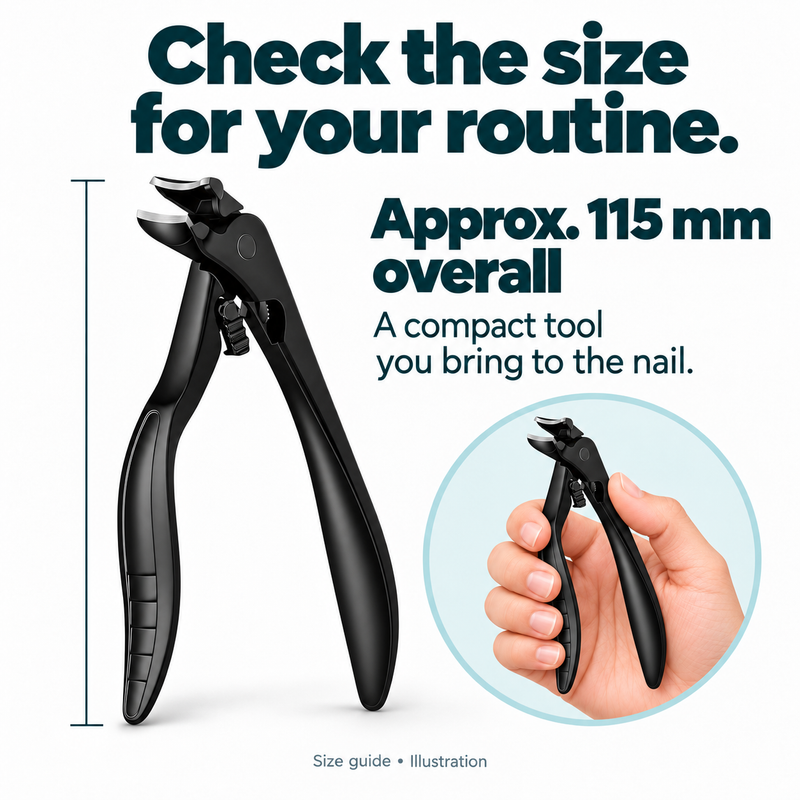 Size illustration of Tough Clip with an approximate 115 mm overall dimension and an inset showing the tool held in a hand.