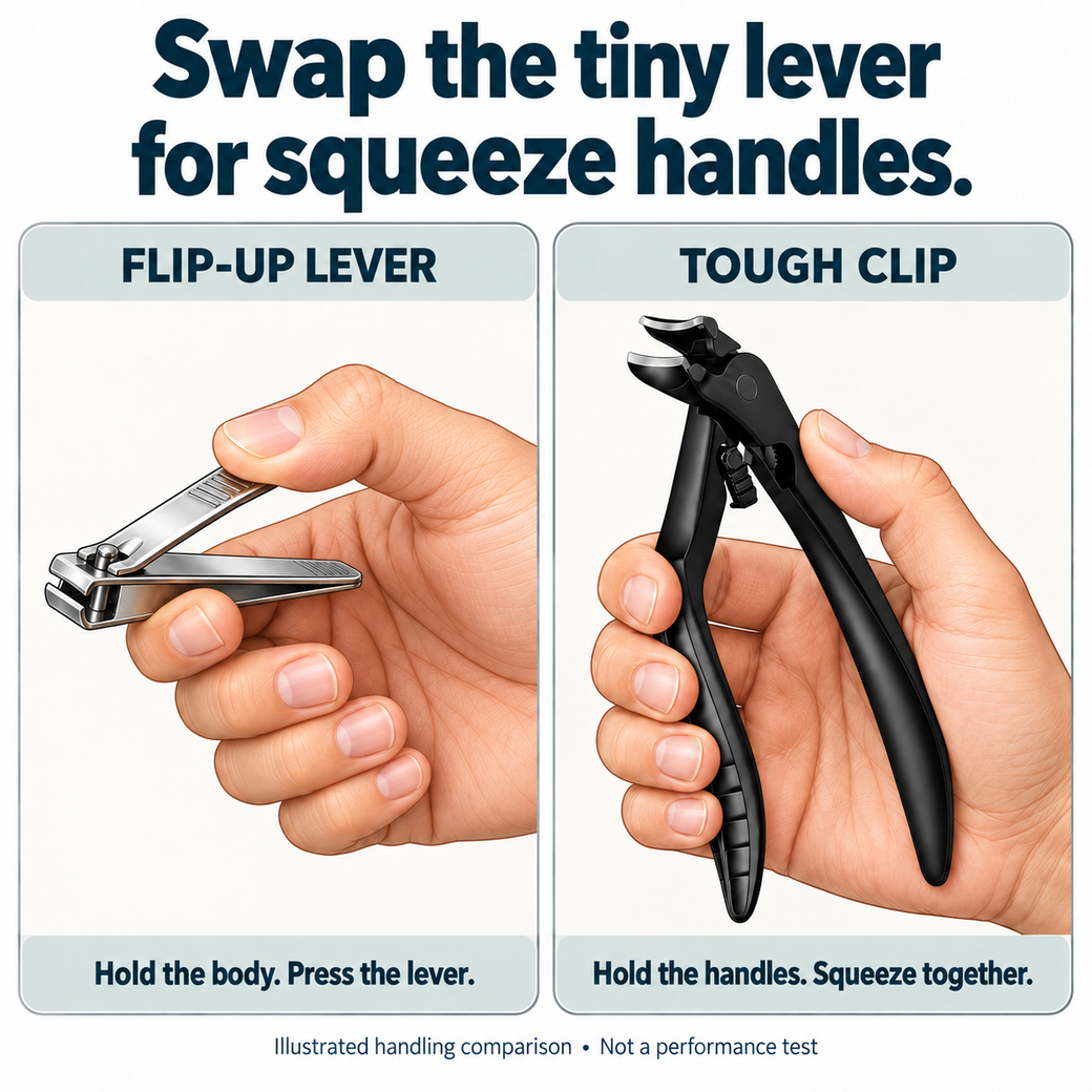 Illustrated comparison of conventional flip-up lever and Tough Clip handles