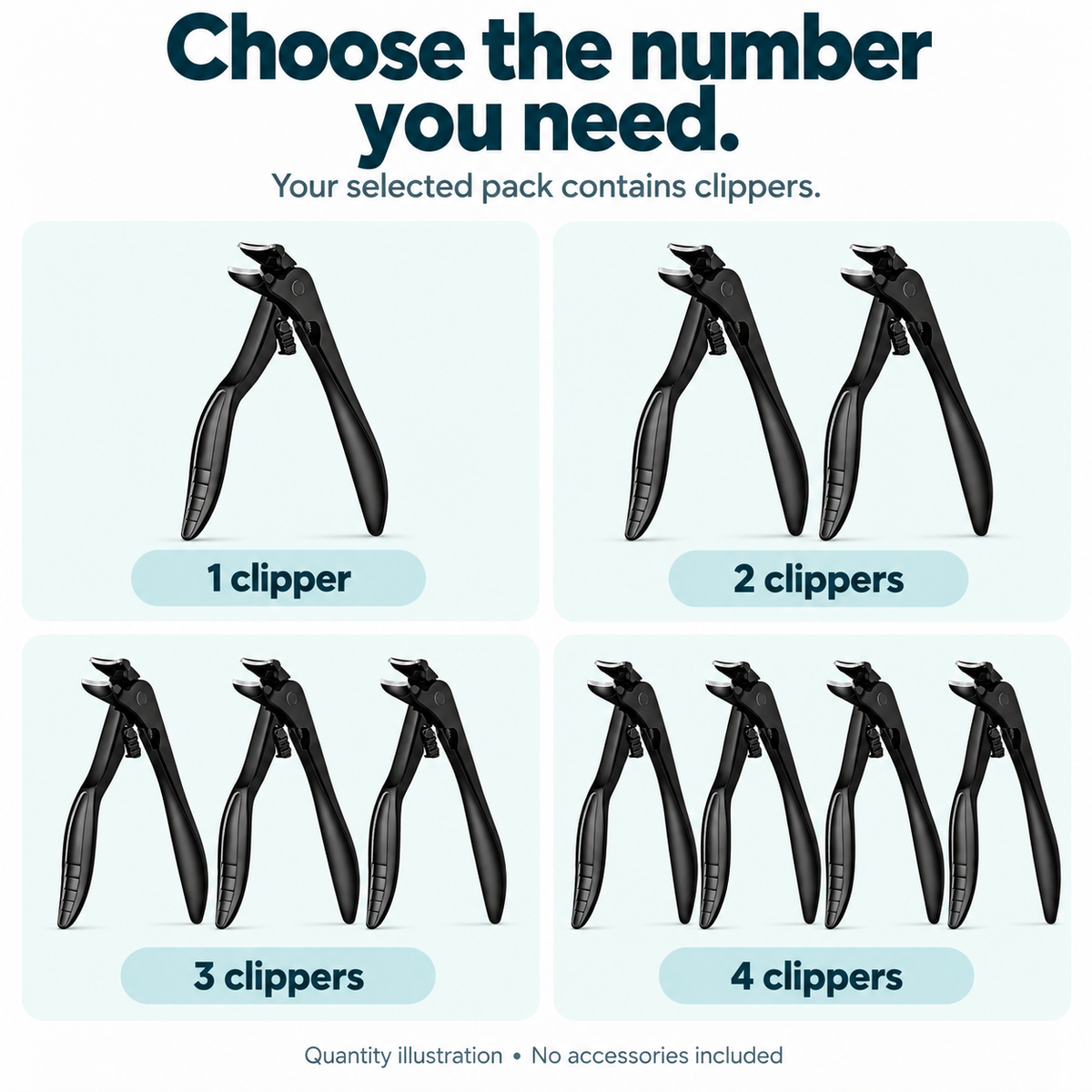Pack-content illustration with four panels showing one, two, three and four Tough Clip clippers, with matching quantity labels.