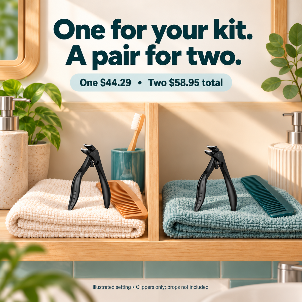 Illustrated home setting with one compact Tough Clip in each of two separate grooming-kit spaces; one costs $44.29 and two cost $58.95 total.