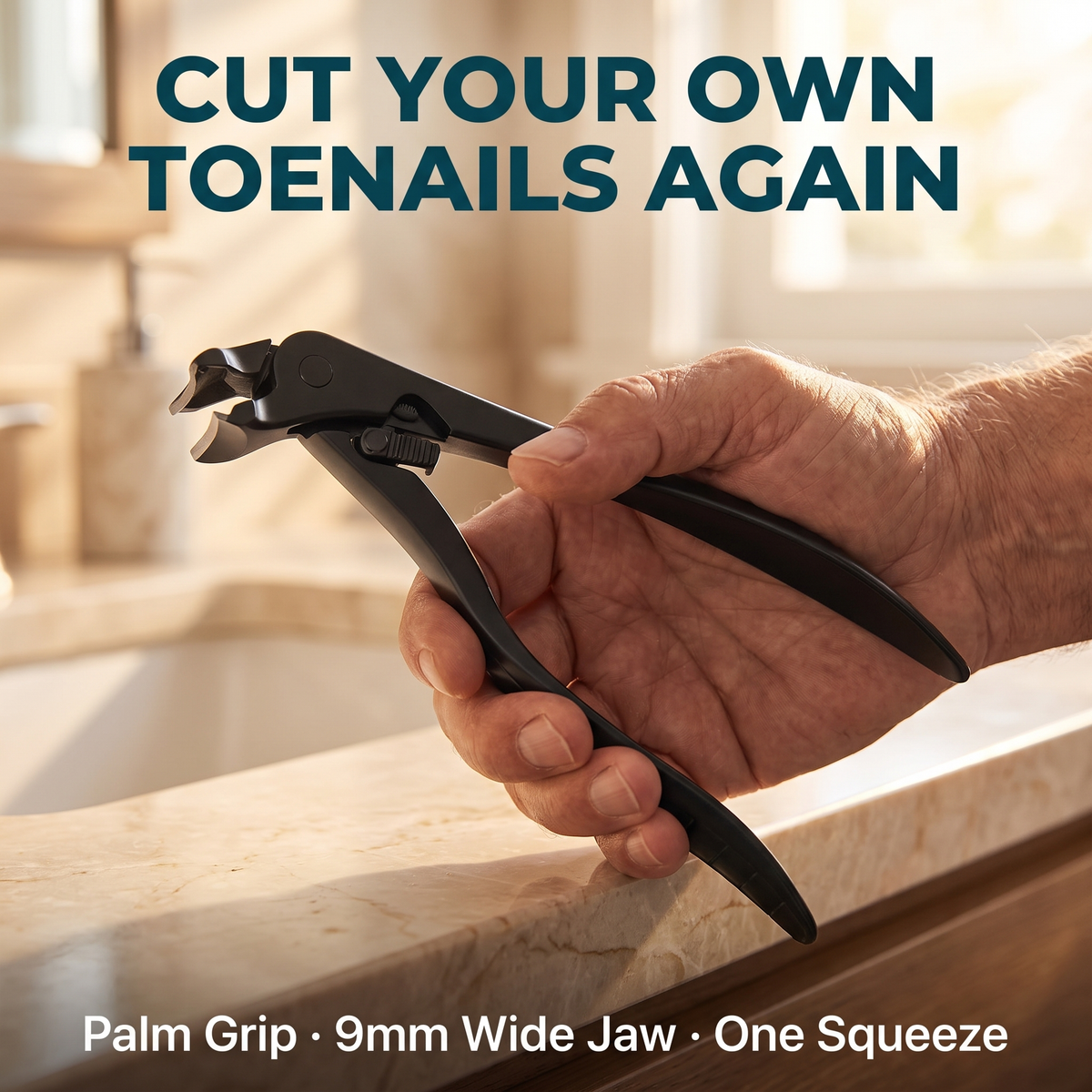 TrueToe SteadyClip adaptive toenail clipper held in hand for scale — cut your own toenails again