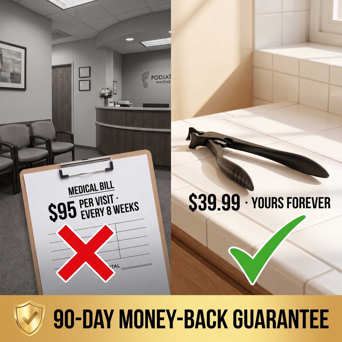 SteadyClip vs podiatrist visits — $39.99 once with 90-day money-back guarantee