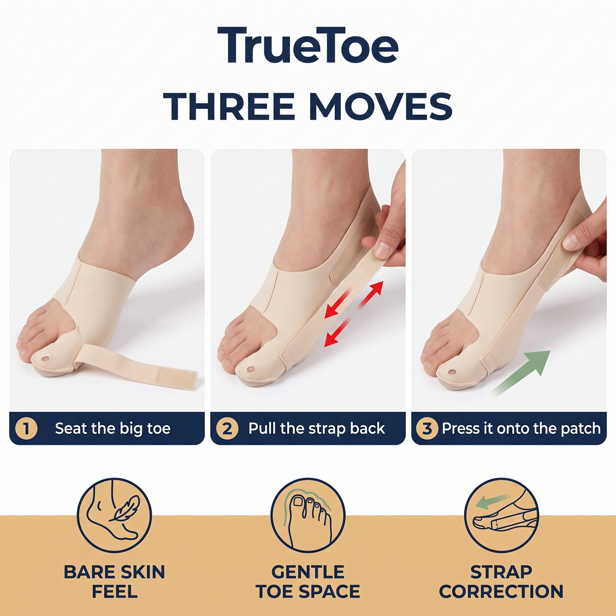 How to wear TrueToe in three moves: seat the big toe, pull the strap back, press it onto the patch