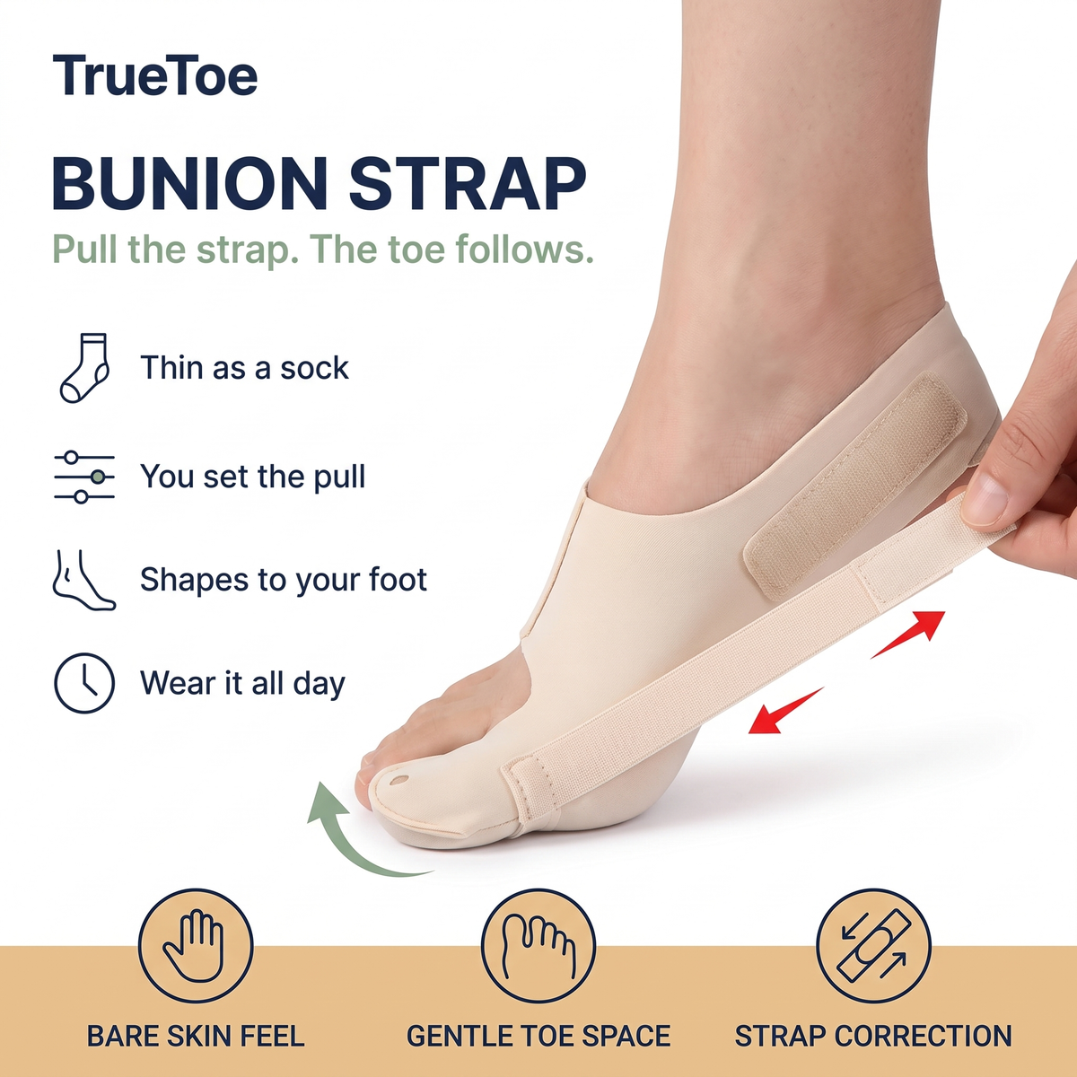 TrueToe Bunion Strap on a woman's foot, hand pulling the toe strap, big toe drawn straight