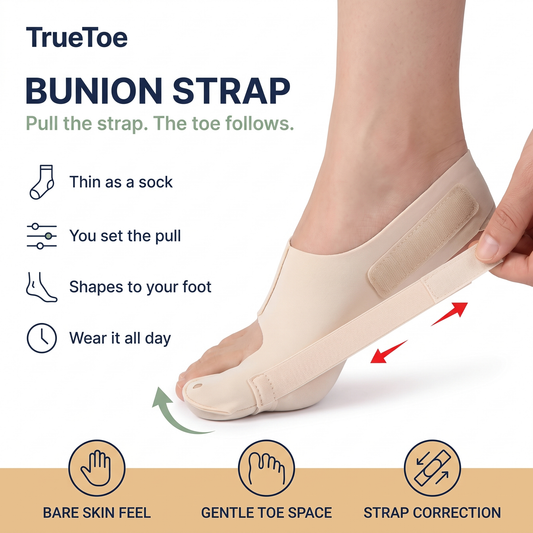 TrueToe Bunion Strap on a woman's foot, hand pulling the toe strap, big toe drawn straight