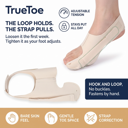 TrueToe heel loop and hook-and-loop toe strap, one strap sets the pull