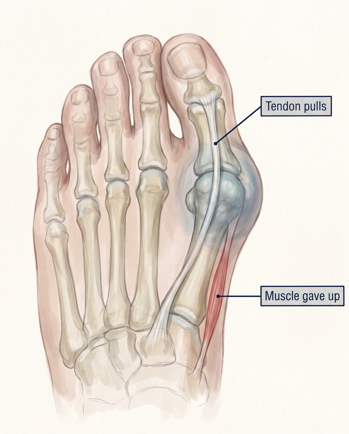 Anatomy plate of a bunion showing the tendon pulling and the inside muscle gone weak