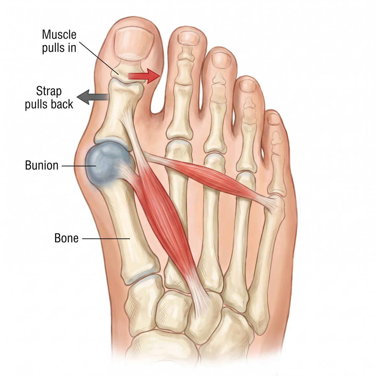 Tight muscle pulls the big toe in, the strap pulls it back