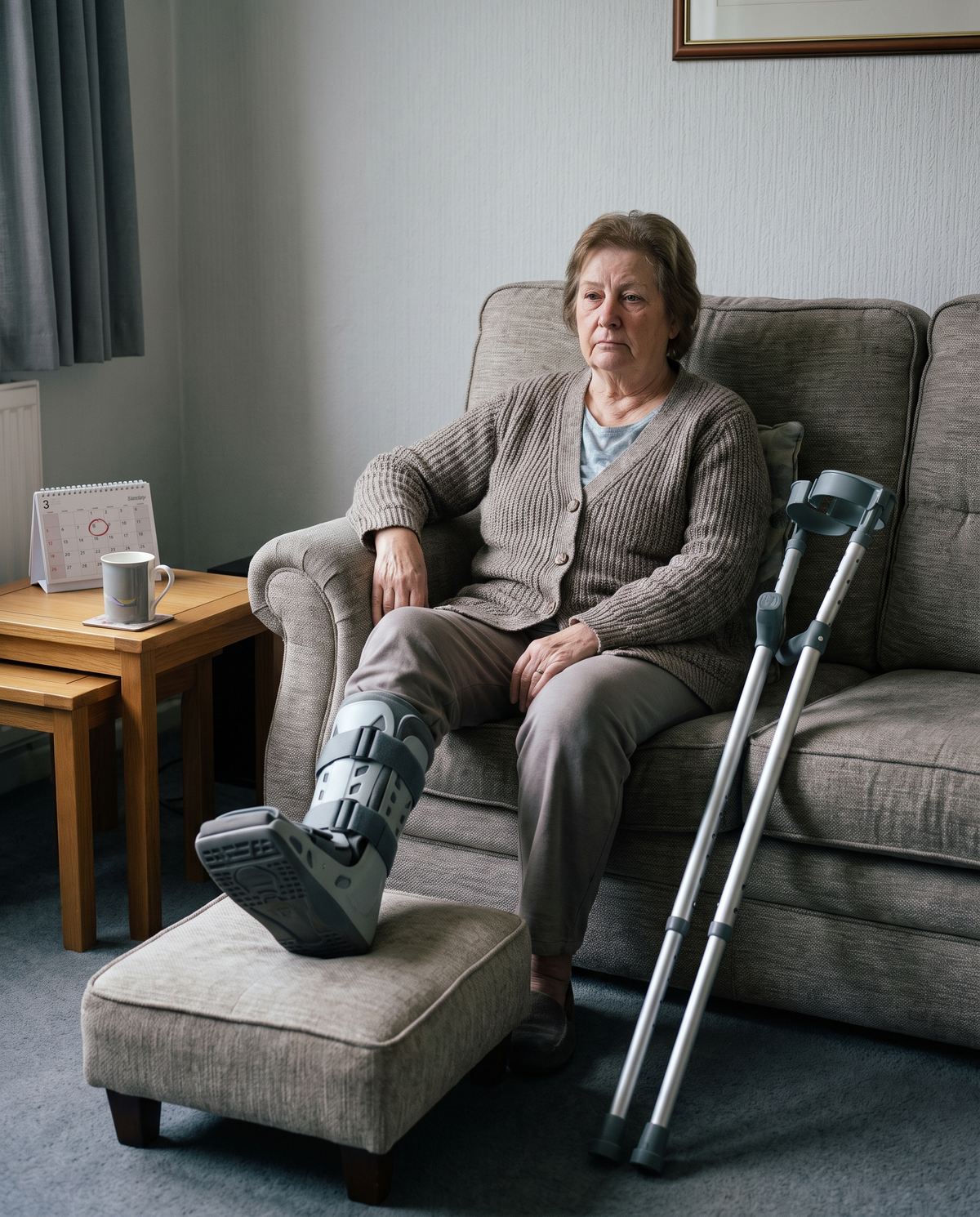 A woman on her sofa after bunion surgery with a walking boot and crutches