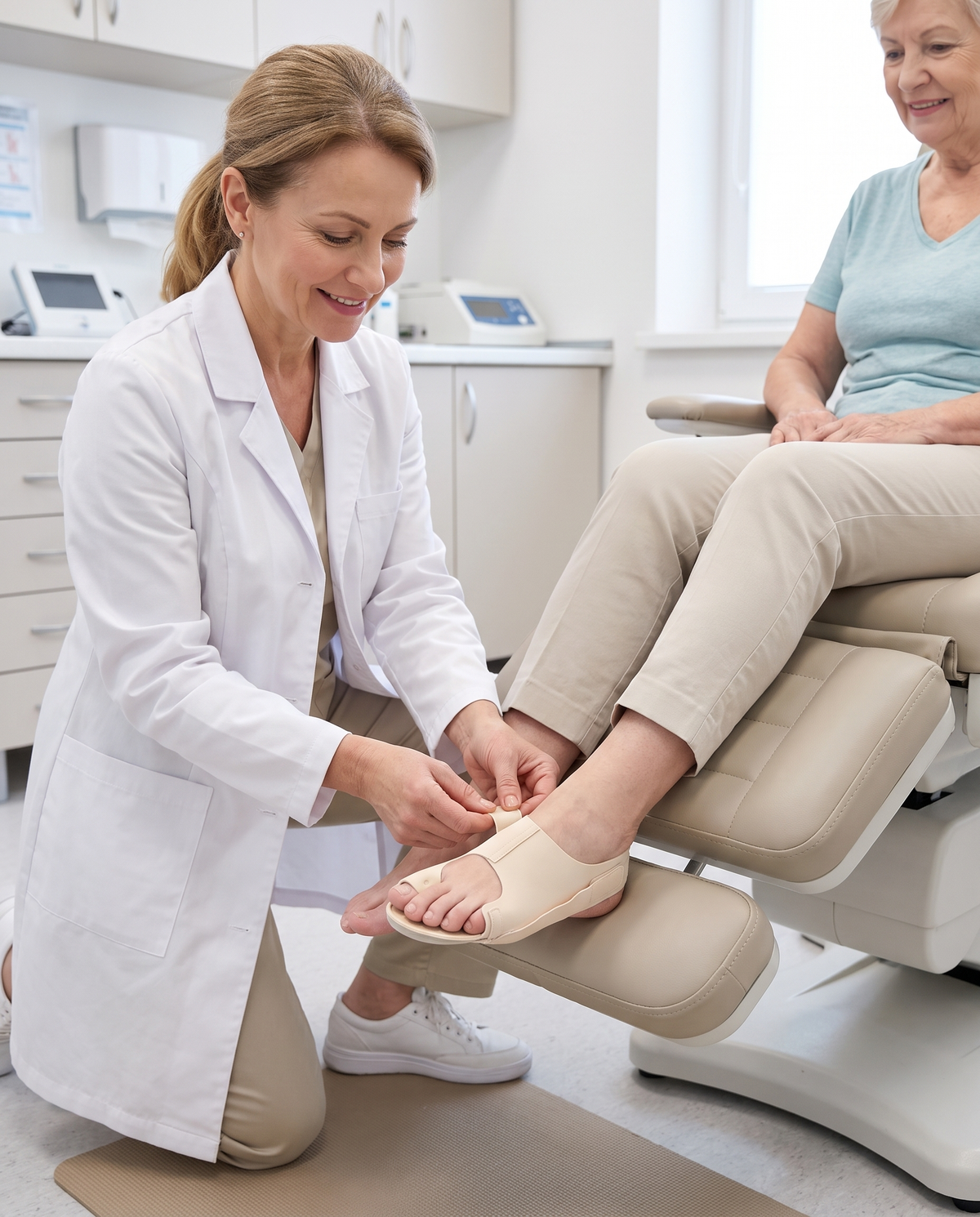 A podiatrist adjusting the TrueToe strap on a patient's foot